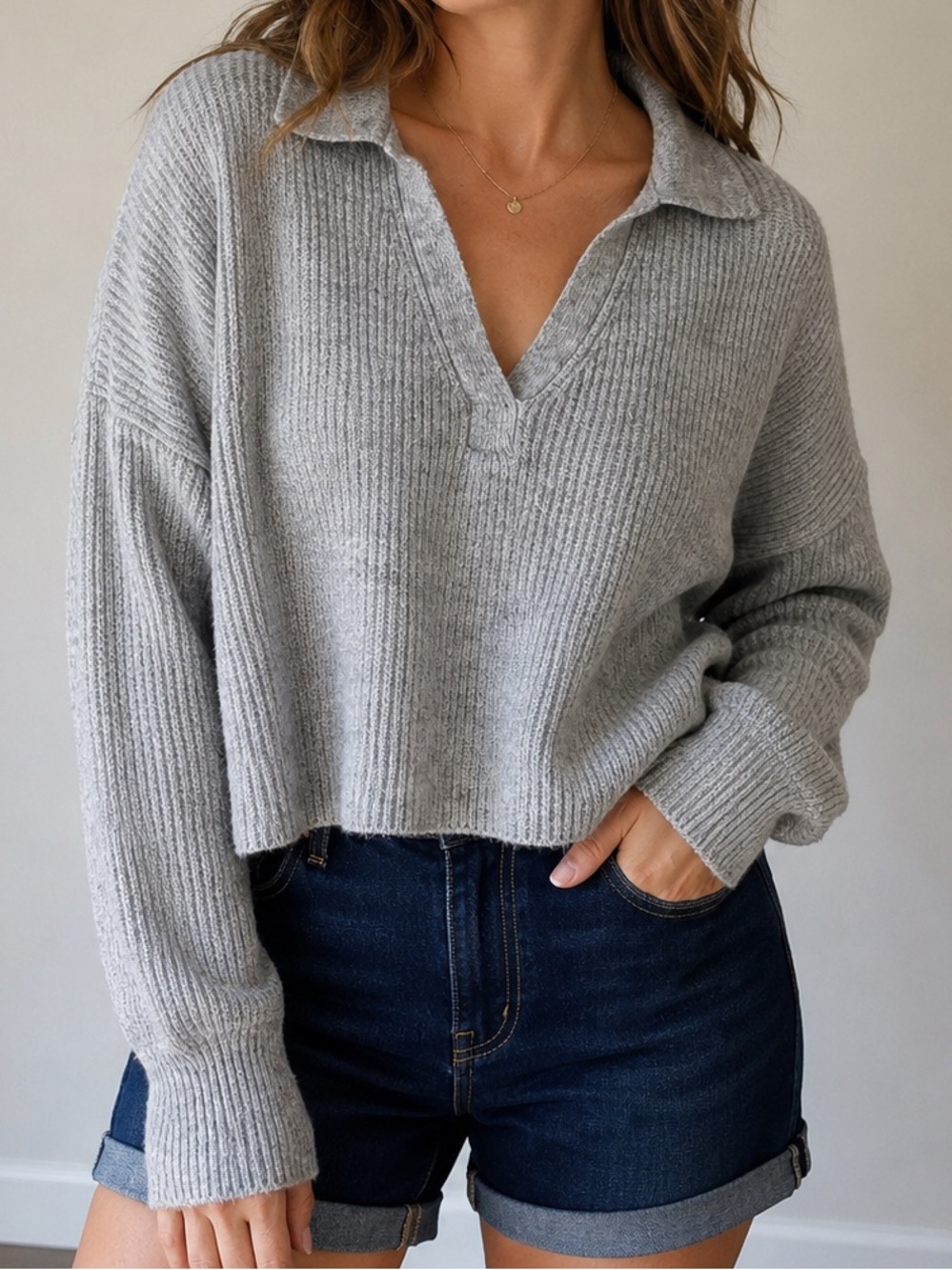 Kaisley Gray Collared Knit Sweater XXL Oversized Cozy V-Neck Pullover,wool blend